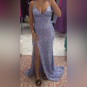 Sherri hill periwinkle fully beaded gown with tassels.